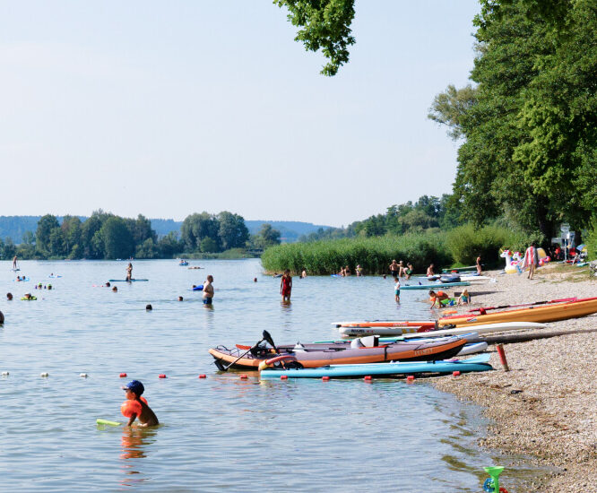 mehrere Personen, die im Waginger See baden