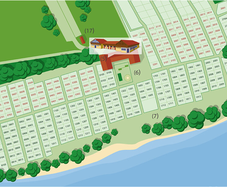 Karte des Campingbereichs und der Gebäude, das Haupthaus ist markiert