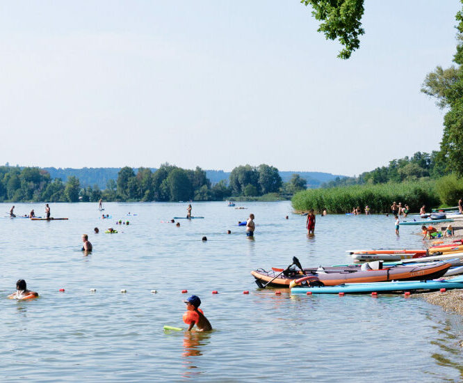 mehrere Personen, die im Waginger See baden