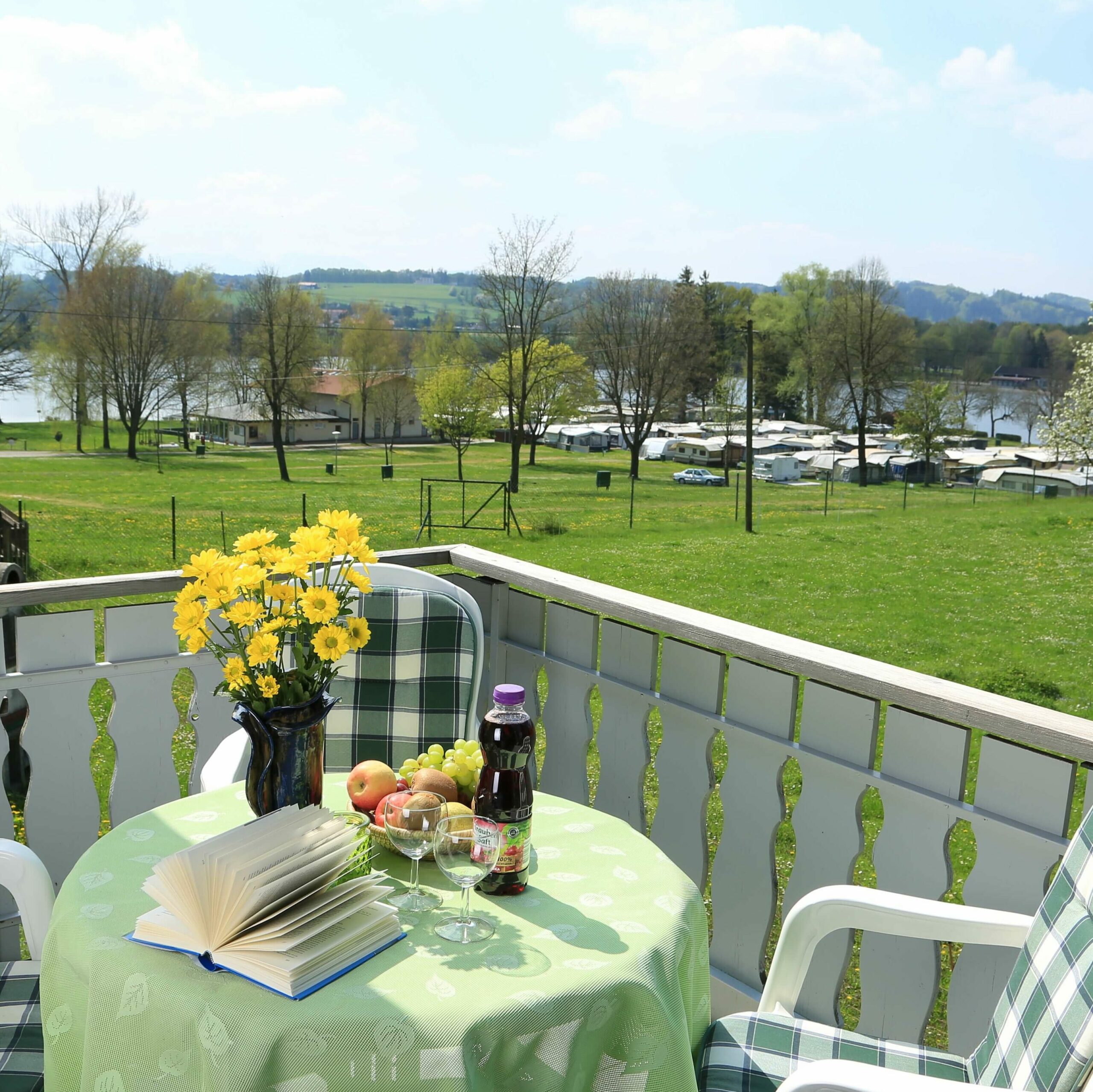 Ein Balkon einer Ferienwohnung mit Blick auf eine saftige Wiese und den Waginger See. Auf dem Balkon steht ein kleiner Tisch mit drei Stühlen, darauf frisches Obst und Blumen